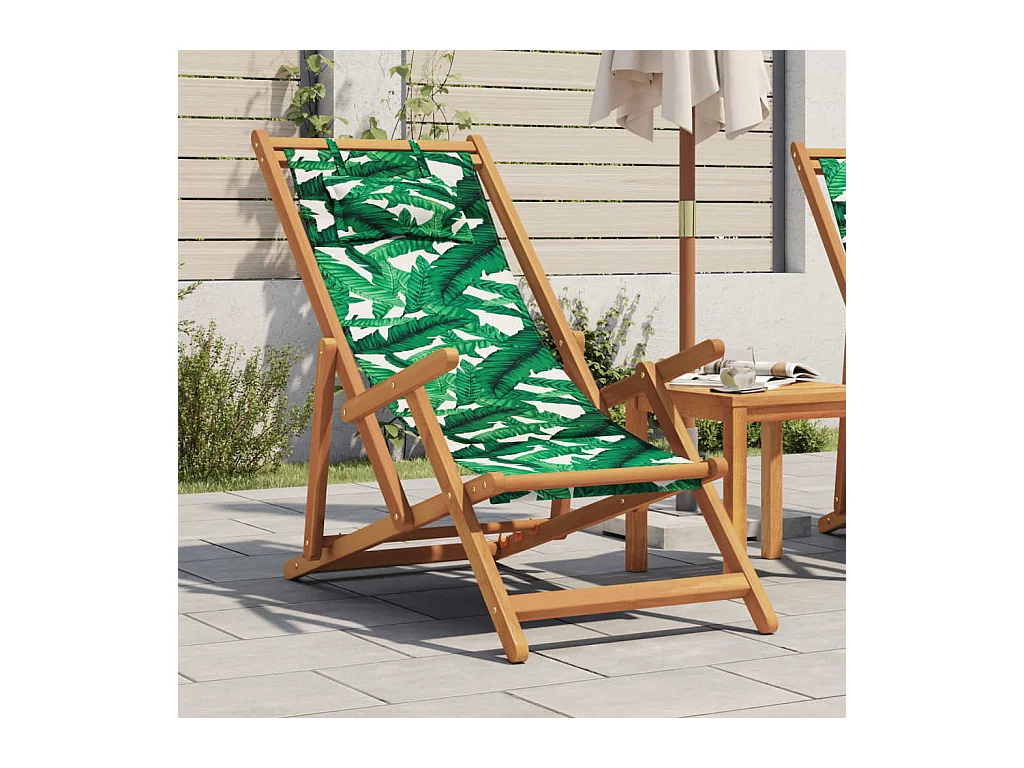 Chaise pliable plage motif de feuilles bois d'eucalyptus/tissu