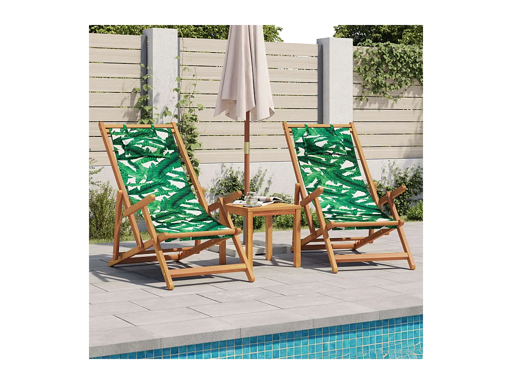 Chaise pliable plage motif de feuilles bois d'eucalyptus/tissu