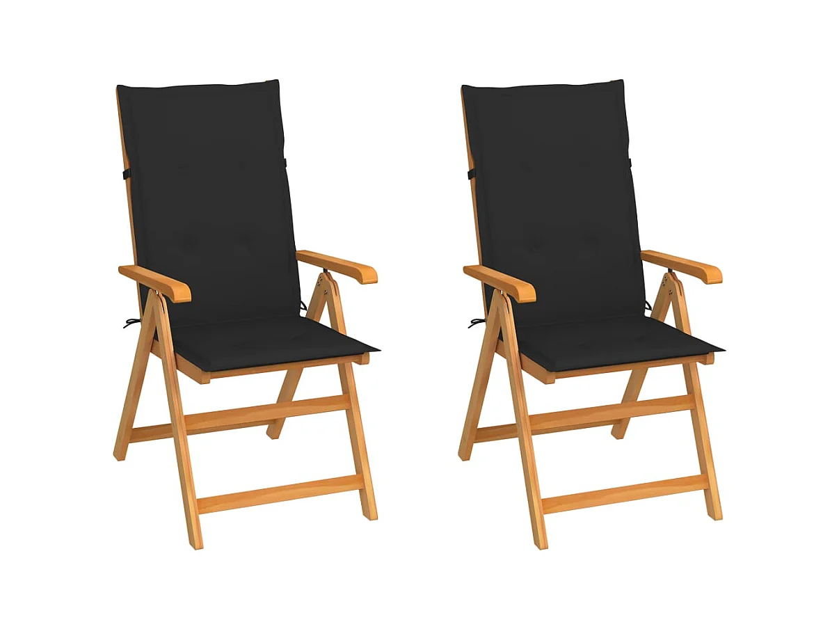 Set di 2 sedie da giardino e cuscini neri in legno massello di teak