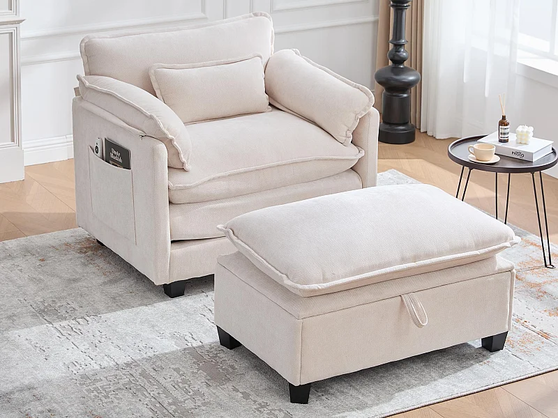 Individuele relaxfauteuil met voetenbank - Chenille loungestoel met hoge rugleuning - Geïntegreerde zijvakken