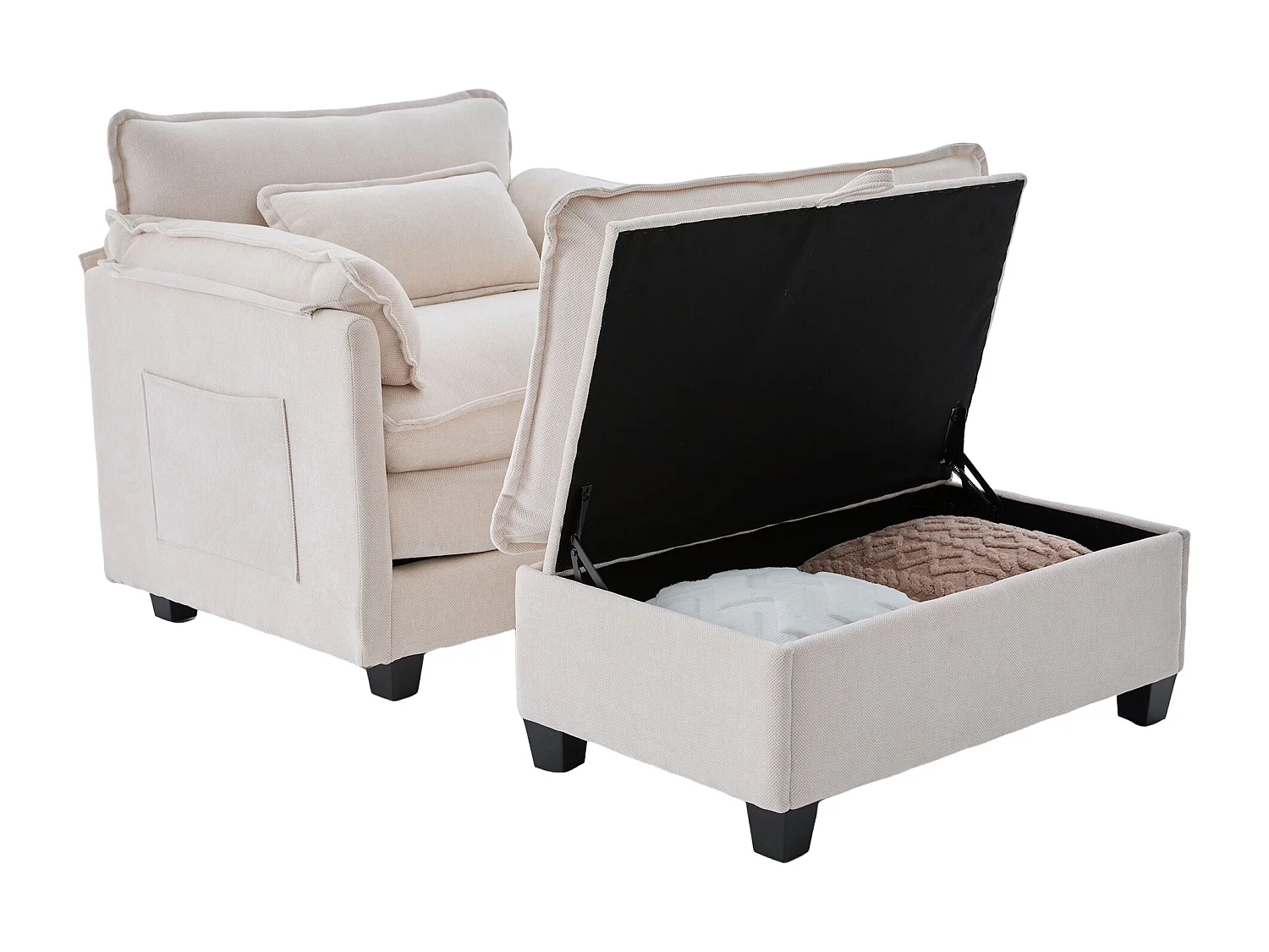 Fauteuil 1 place velours beige ultra moelleux – double assise et coussins confortables - avec repose‑pieds escamotable avec coffre