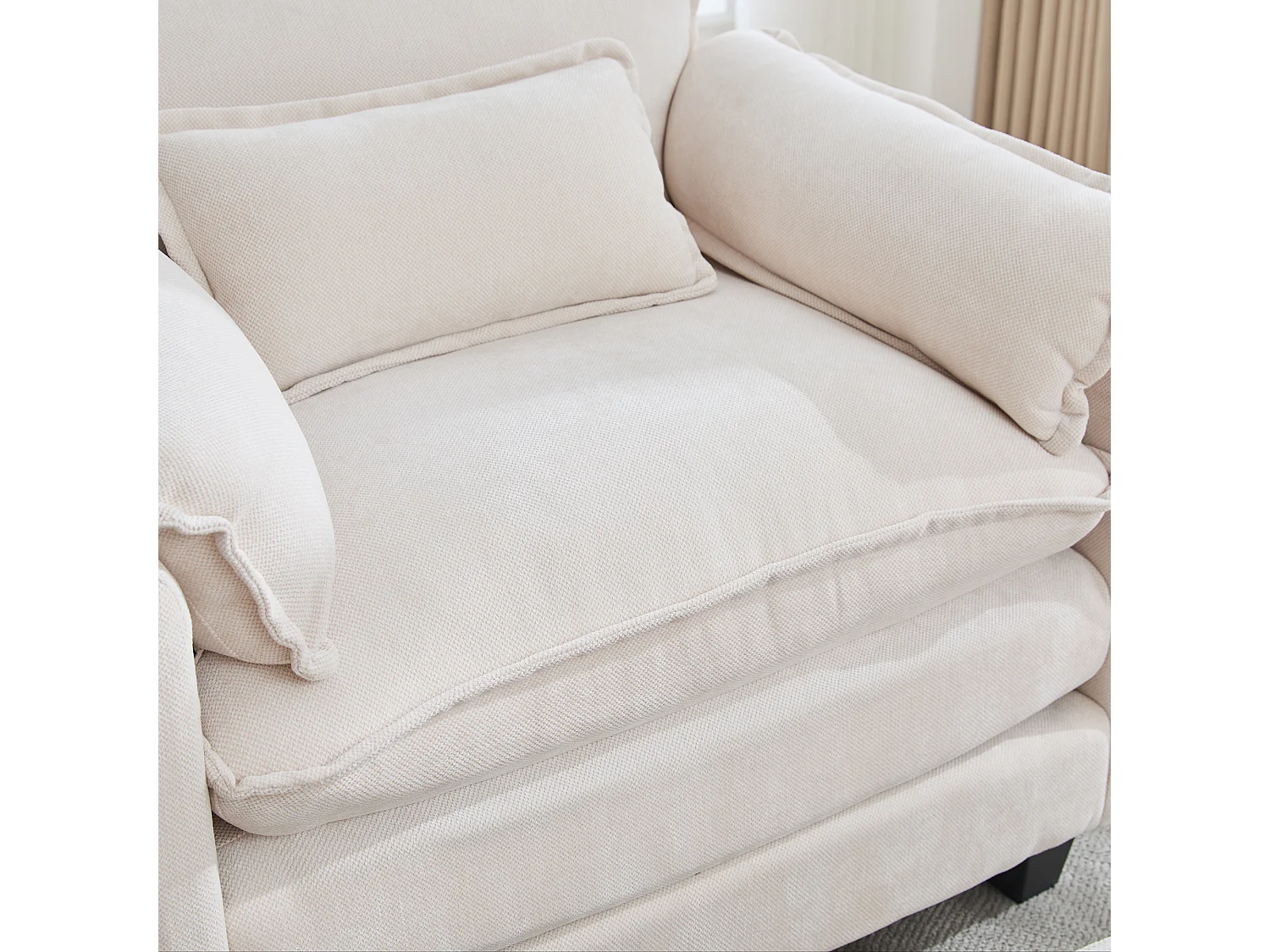 Fauteuil 1 place velours beige ultra moelleux – double assise et coussins confortables - avec repose‑pieds escamotable avec coffre