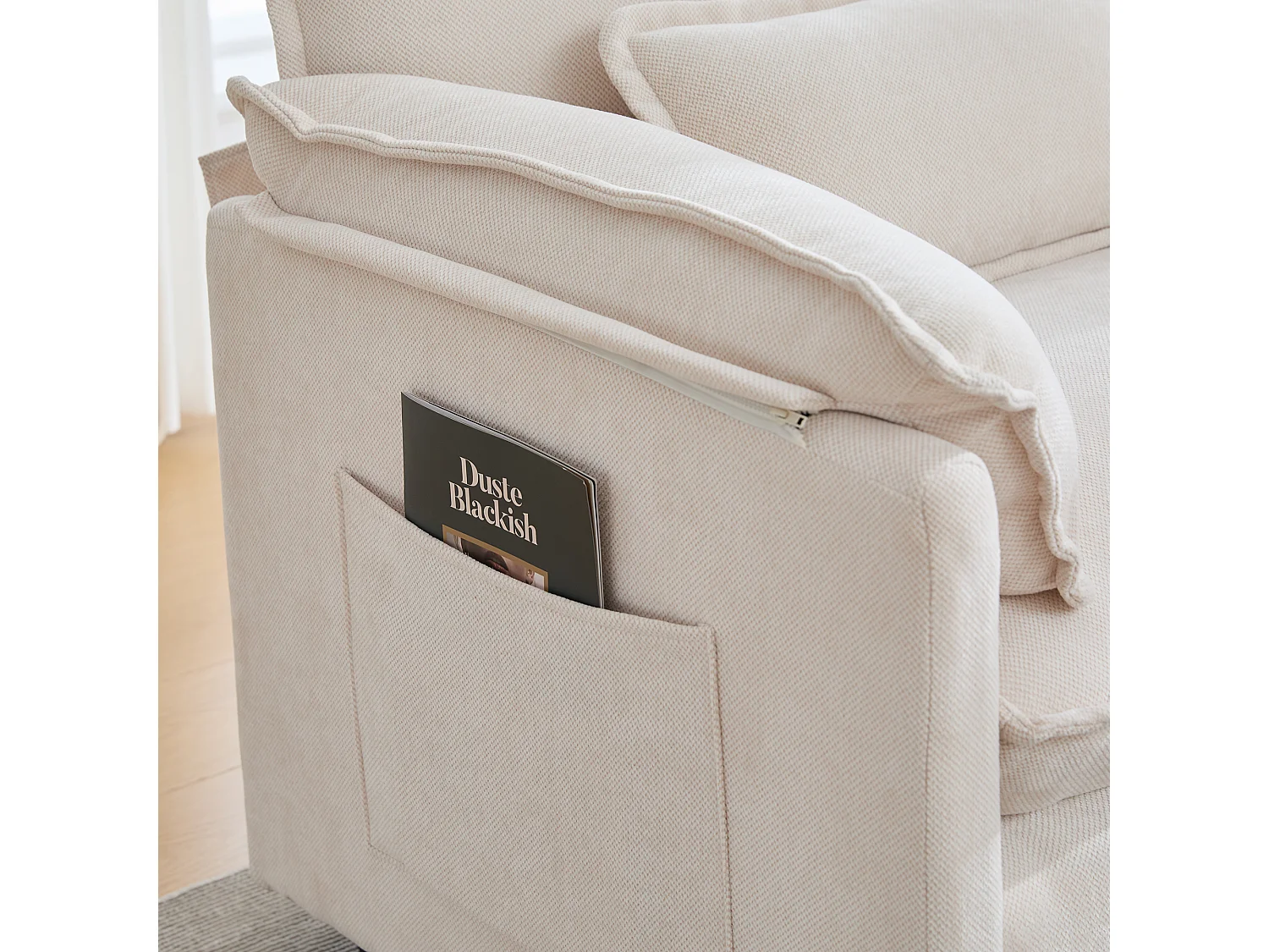 Fauteuil 1 place velours beige ultra moelleux – double assise et coussins confortables - avec repose‑pieds escamotable avec coffre