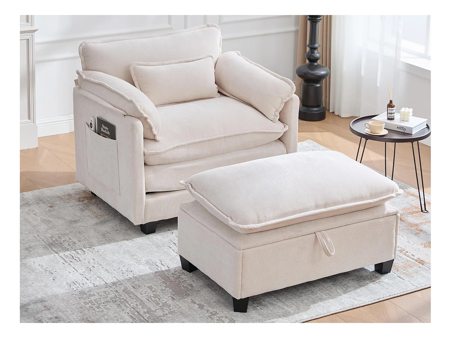 Fauteuil 1 place velours beige ultra moelleux – double assise et coussins confortables - avec repose‑pieds escamotable avec coffre