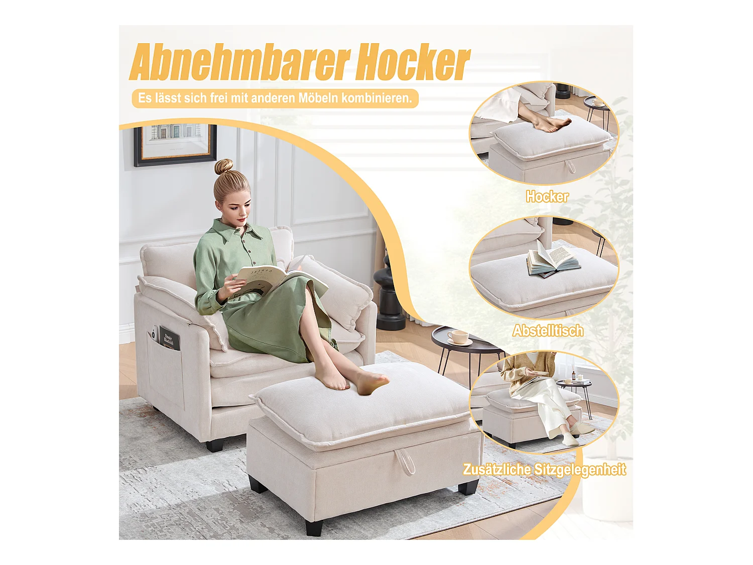 Fauteuil 1 place velours beige ultra moelleux – double assise et coussins confortables - avec repose‑pieds escamotable avec coffre