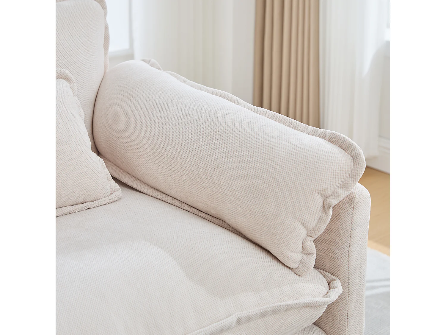 Fauteuil 1 place velours beige ultra moelleux – double assise et coussins confortables - avec repose‑pieds escamotable avec coffre