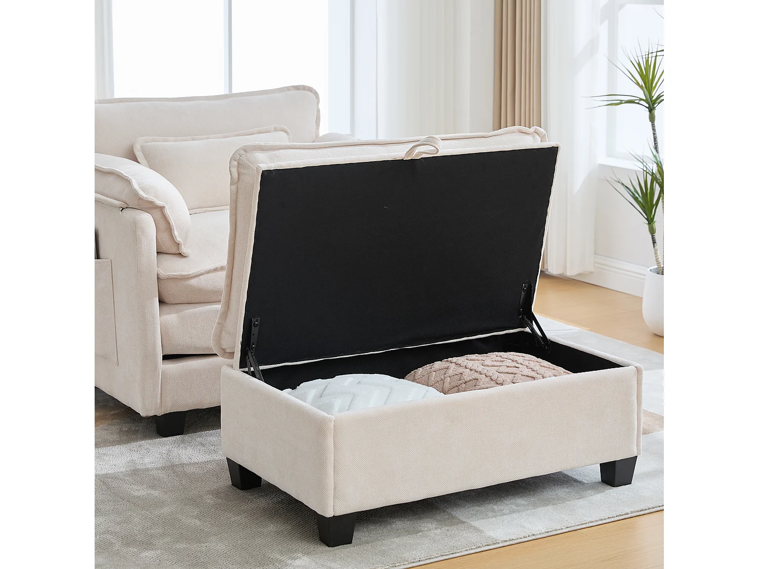 Fauteuil 1 place velours beige ultra moelleux – double assise et coussins confortables - avec repose‑pieds escamotable avec coffre