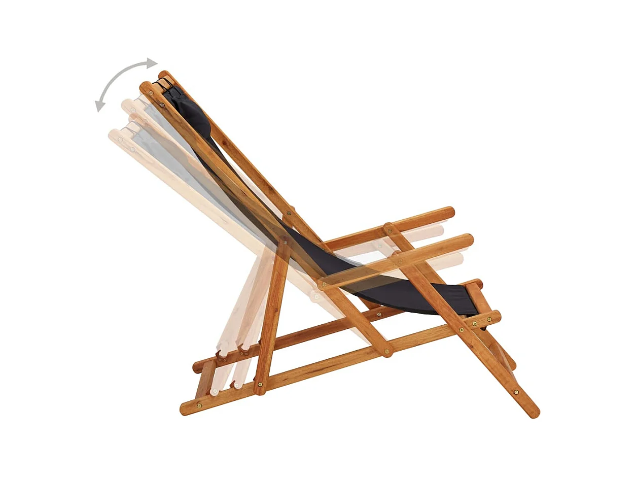 Chaise pliable de plage bois d'eucalyptus solide et tissu noir