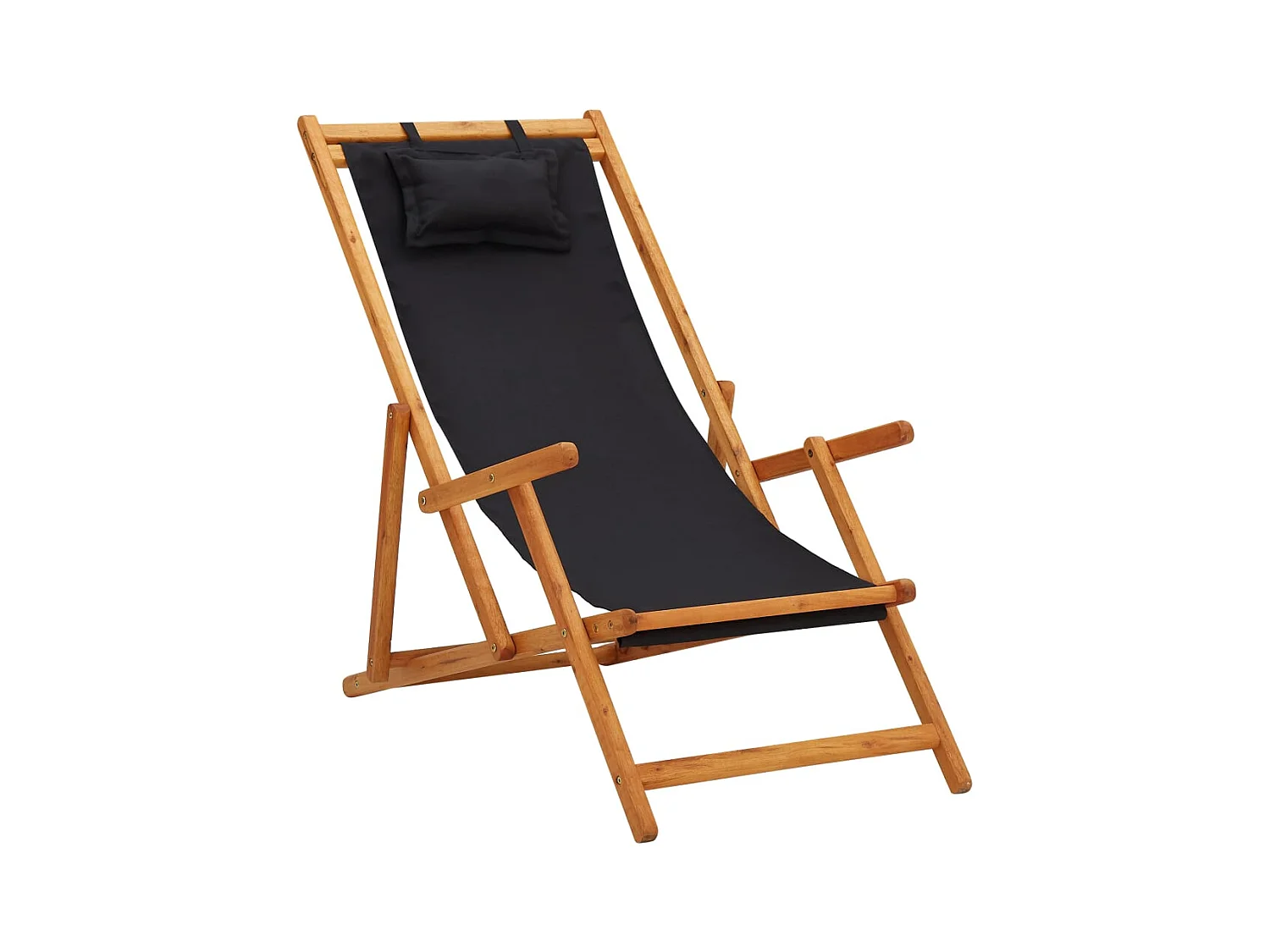 Silla de playa plegable de madera maciza de eucalipto y tela negra.