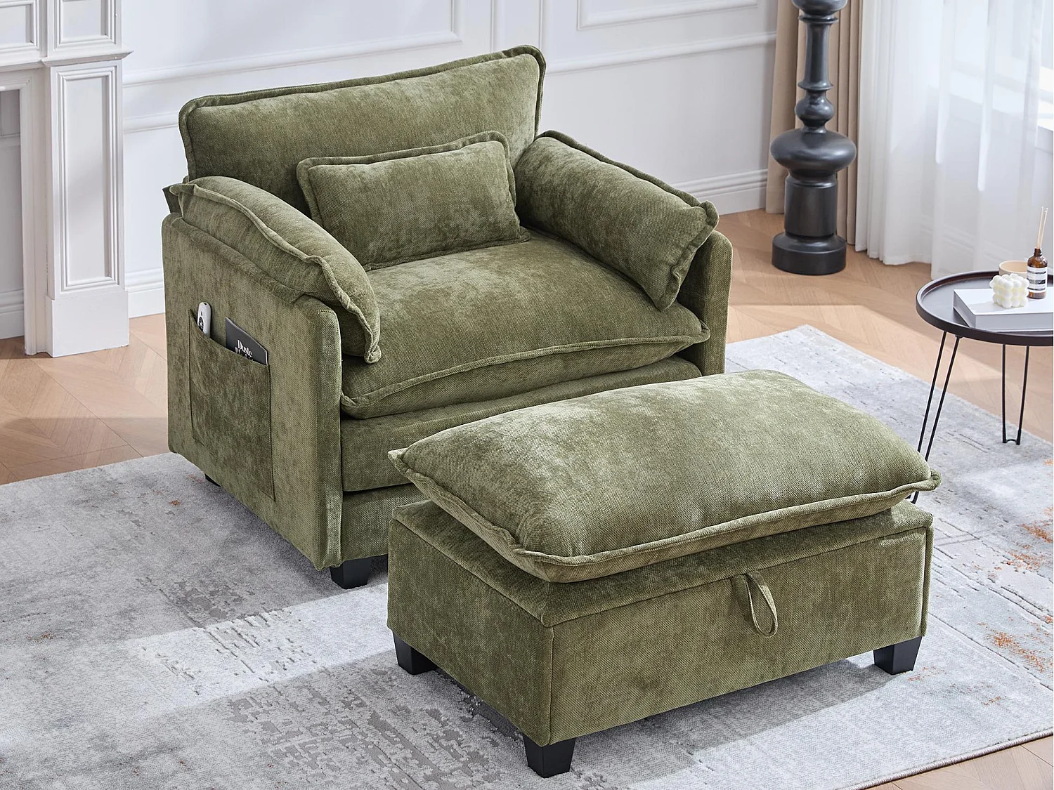 Fauteuil 1 place velours vert ultra moelleux – double assise et coussins confortables - avec repose‑pieds escamotable avec coffre