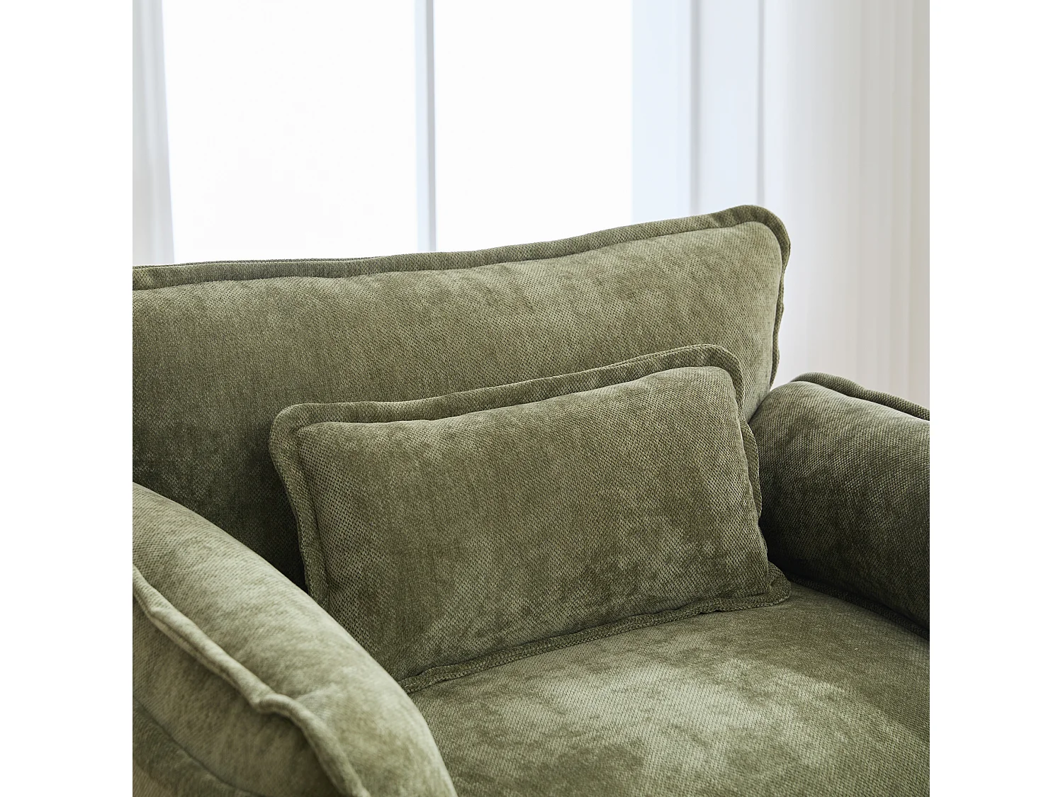 Fauteuil 1 place velours vert ultra moelleux – double assise et coussins confortables - avec repose‑pieds escamotable avec coffre