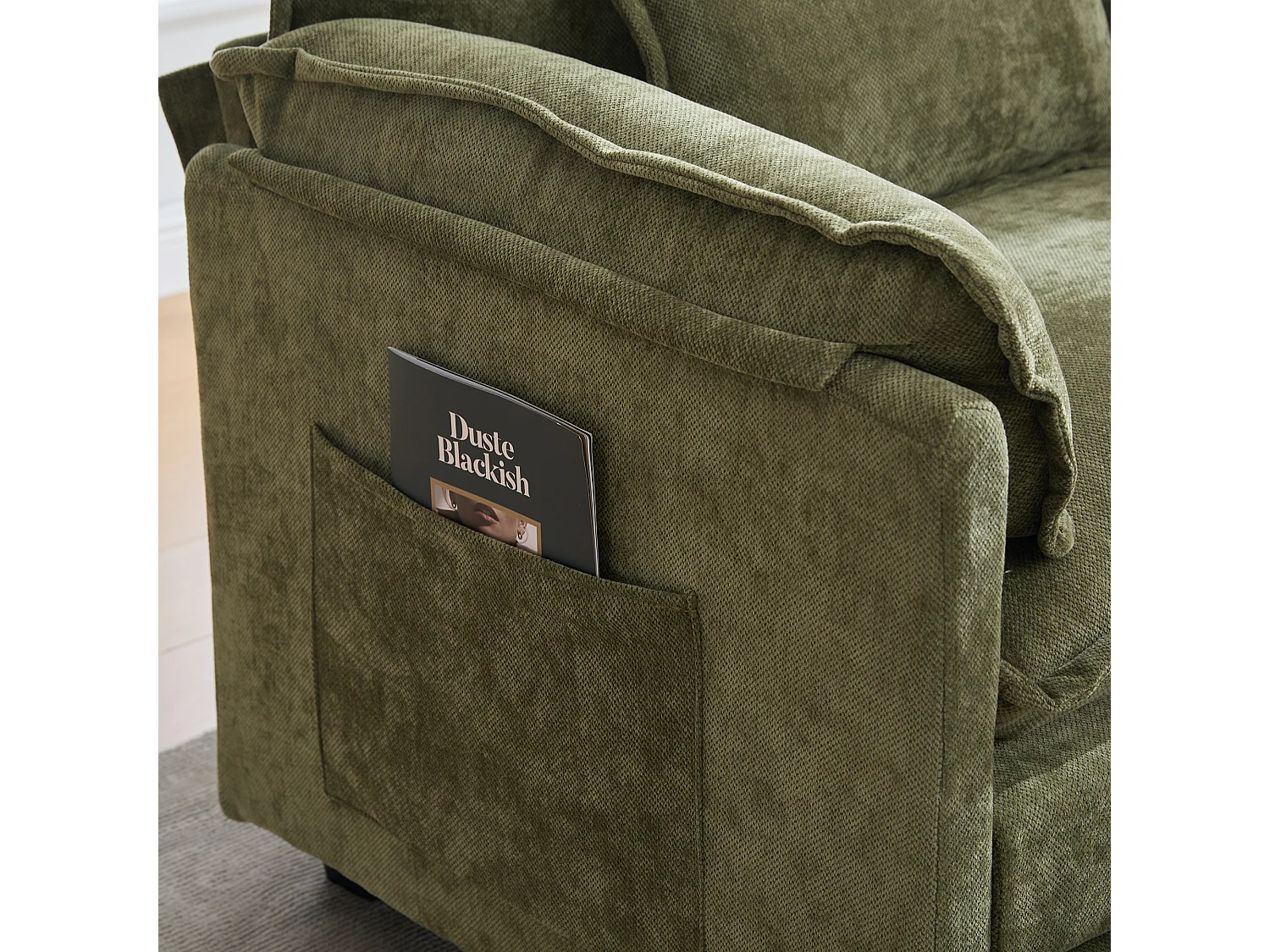 Fauteuil 1 place velours vert ultra moelleux – double assise et coussins confortables - avec repose‑pieds escamotable avec coffre