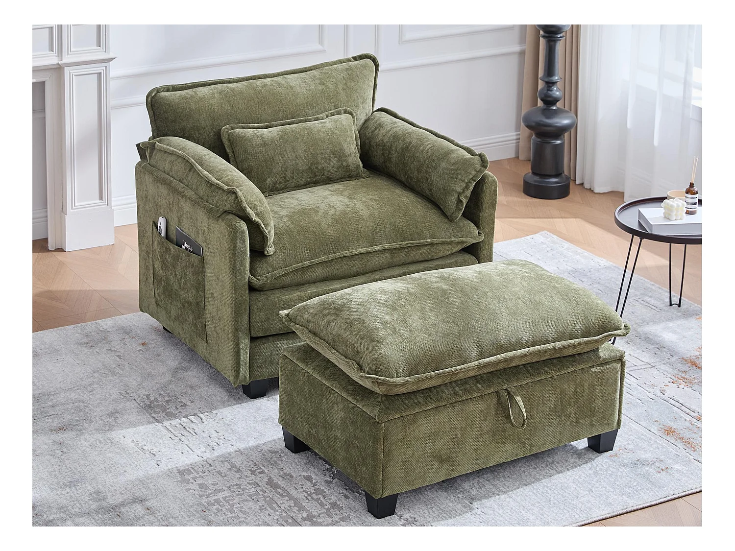 Fauteuil 1 place velours vert ultra moelleux – double assise et coussins confortables - avec repose‑pieds escamotable avec coffre