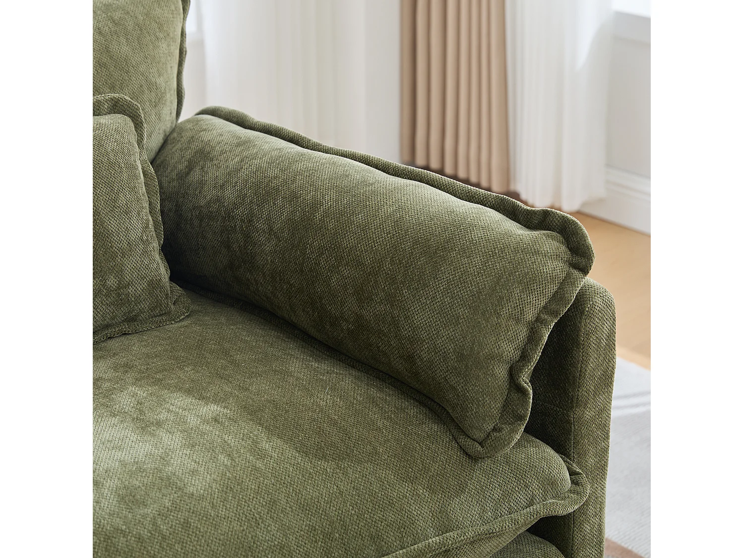 Fauteuil 1 place velours vert ultra moelleux – double assise et coussins confortables - avec repose‑pieds escamotable avec coffre