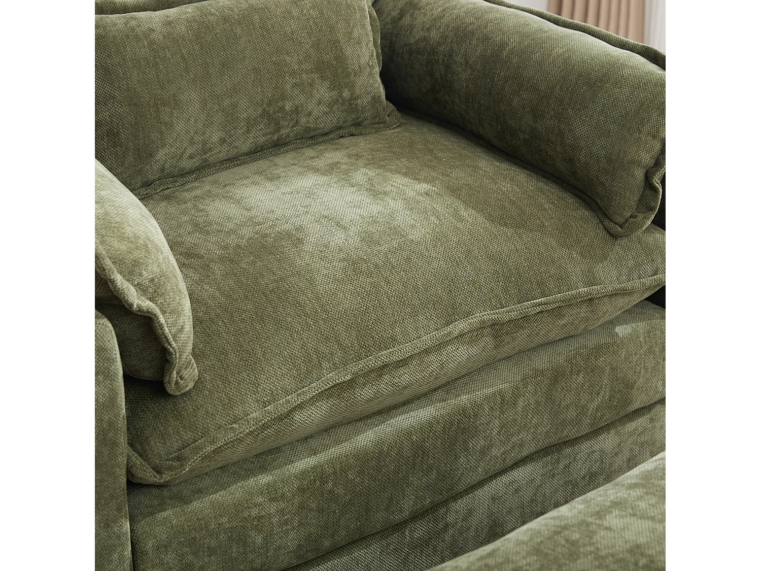 Fauteuil 1 place velours vert ultra moelleux – double assise et coussins confortables - avec repose‑pieds escamotable avec coffre