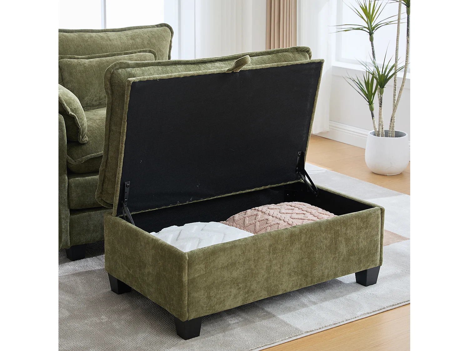 Fauteuil 1 place velours vert ultra moelleux – double assise et coussins confortables - avec repose‑pieds escamotable avec coffre