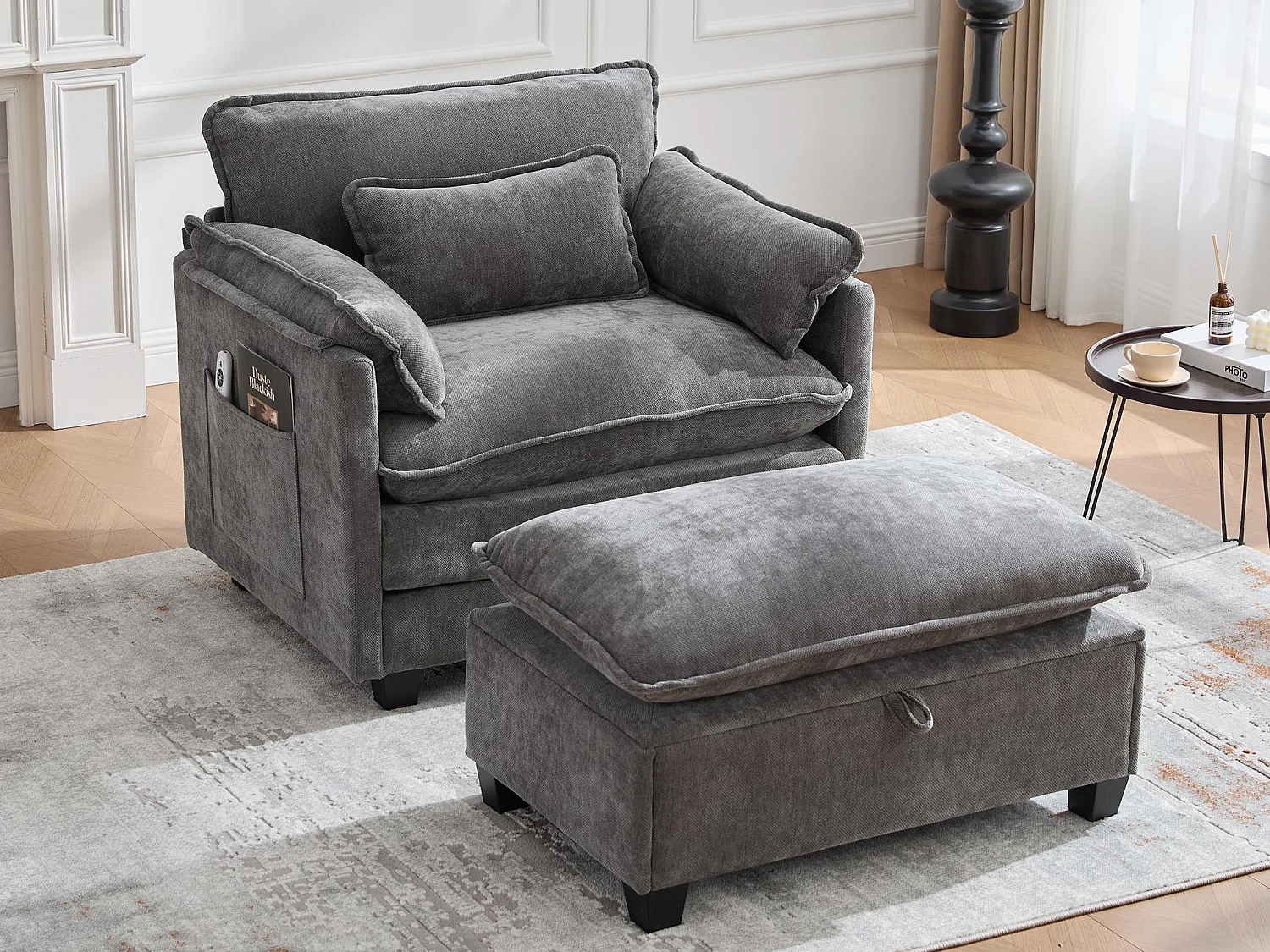Fauteuil 1 place velours gris ultra moelleux – double assise et coussins confortables - avec repose‑pieds escamotable avec coffre