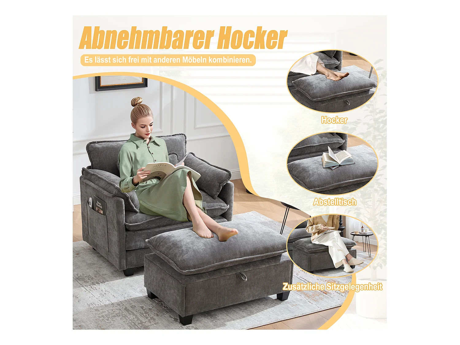 Fauteuil 1 place velours gris ultra moelleux – double assise et coussins confortables - avec repose‑pieds escamotable avec coffre