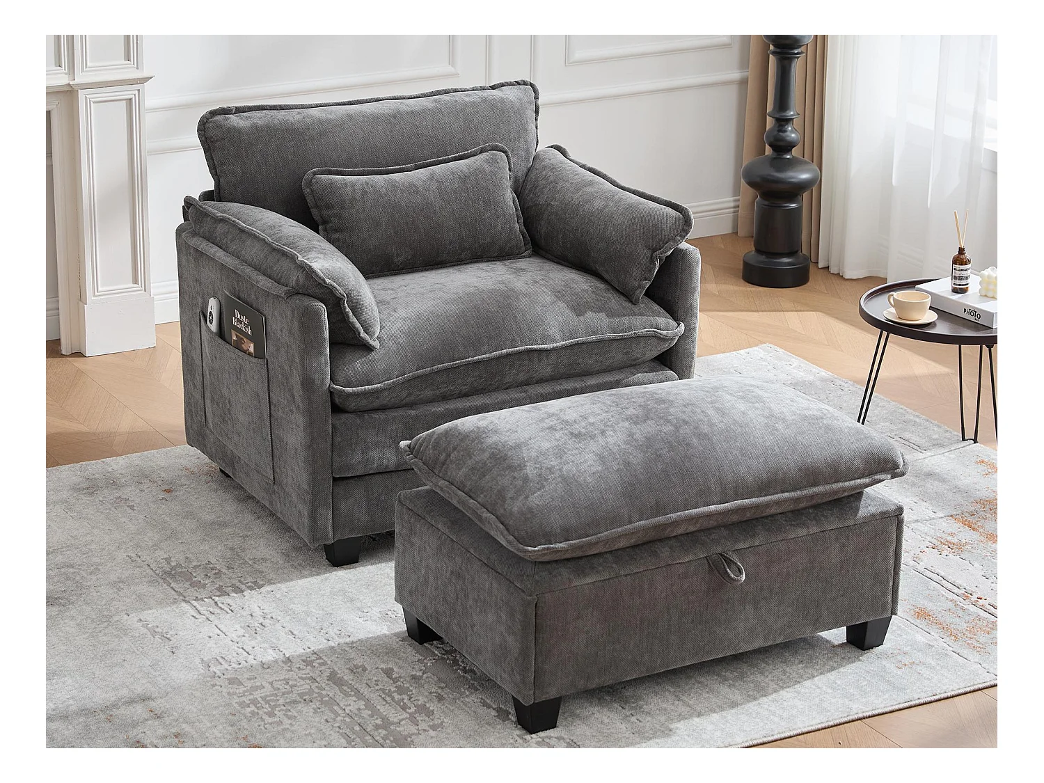 Fauteuil 1 place velours gris ultra moelleux – double assise et coussins confortables - avec repose‑pieds escamotable avec coffre