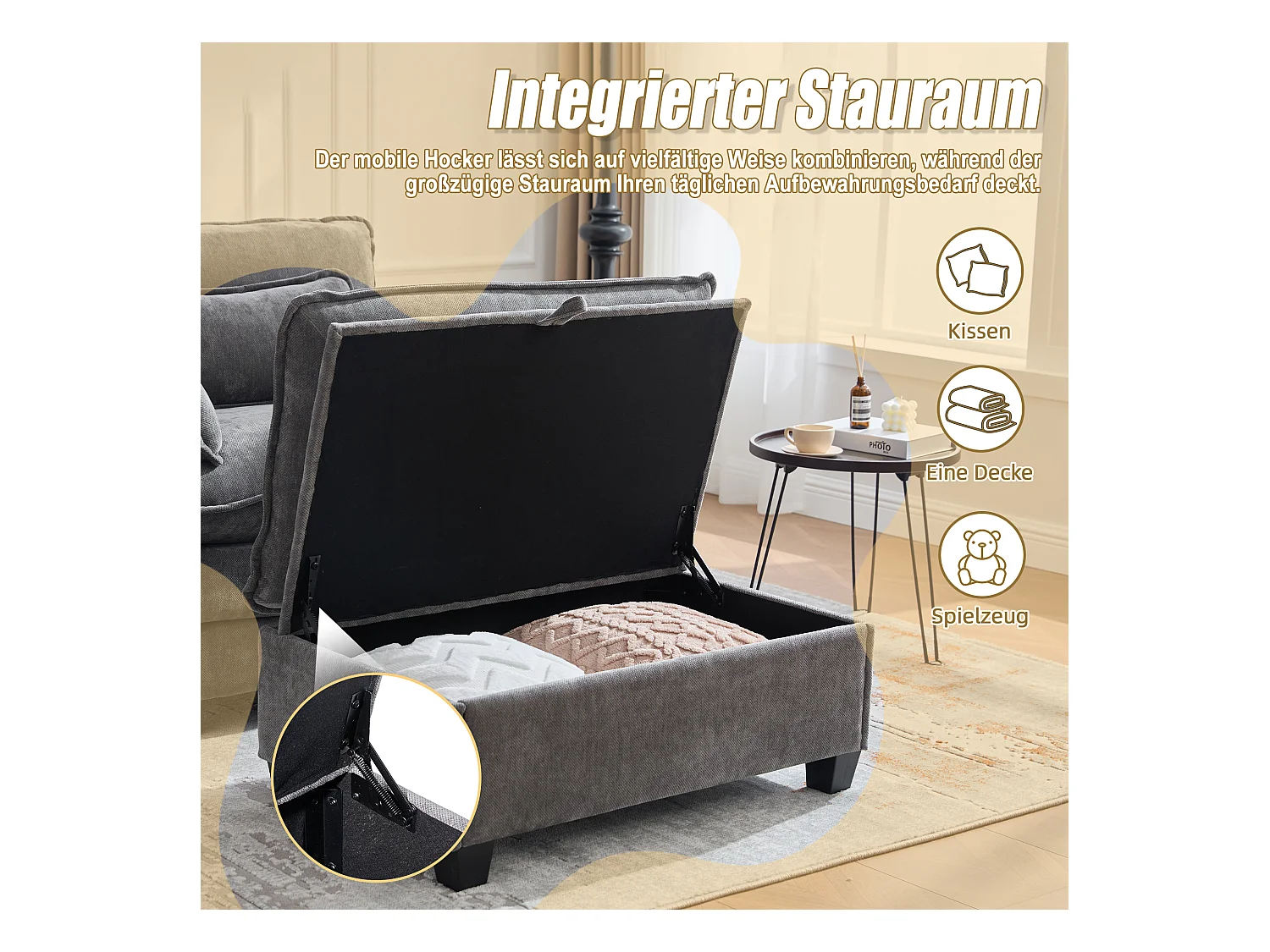 Fauteuil 1 place velours gris ultra moelleux – double assise et coussins confortables - avec repose‑pieds escamotable avec coffre