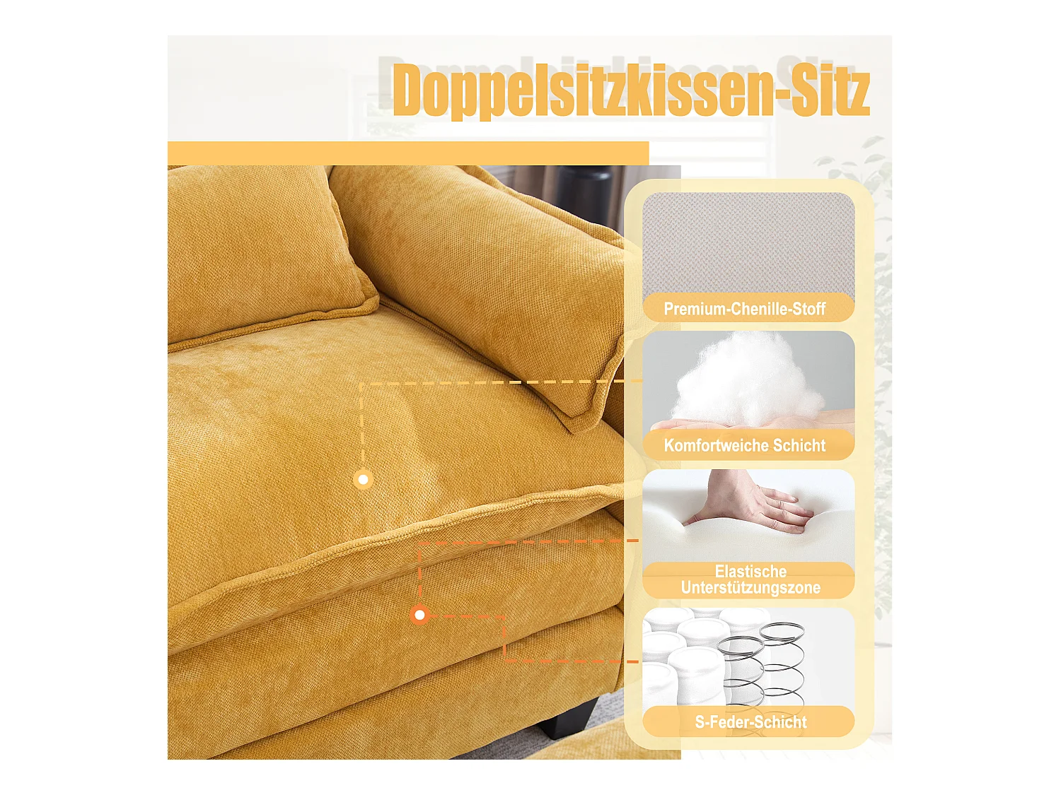 Fauteuil 1 place velours jaune ultra moelleux – double assise et coussins confortables - avec repose‑pieds escamotable avec coffre