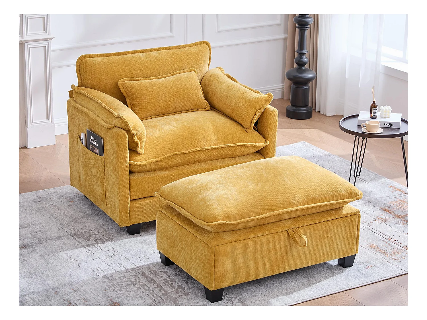 Fauteuil 1 place velours jaune ultra moelleux – double assise et coussins confortables - avec repose‑pieds escamotable avec coffre