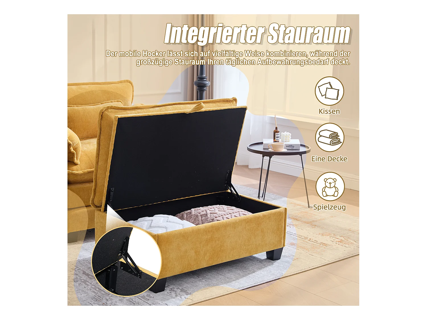 Fauteuil 1 place velours jaune ultra moelleux – double assise et coussins confortables - avec repose‑pieds escamotable avec coffre