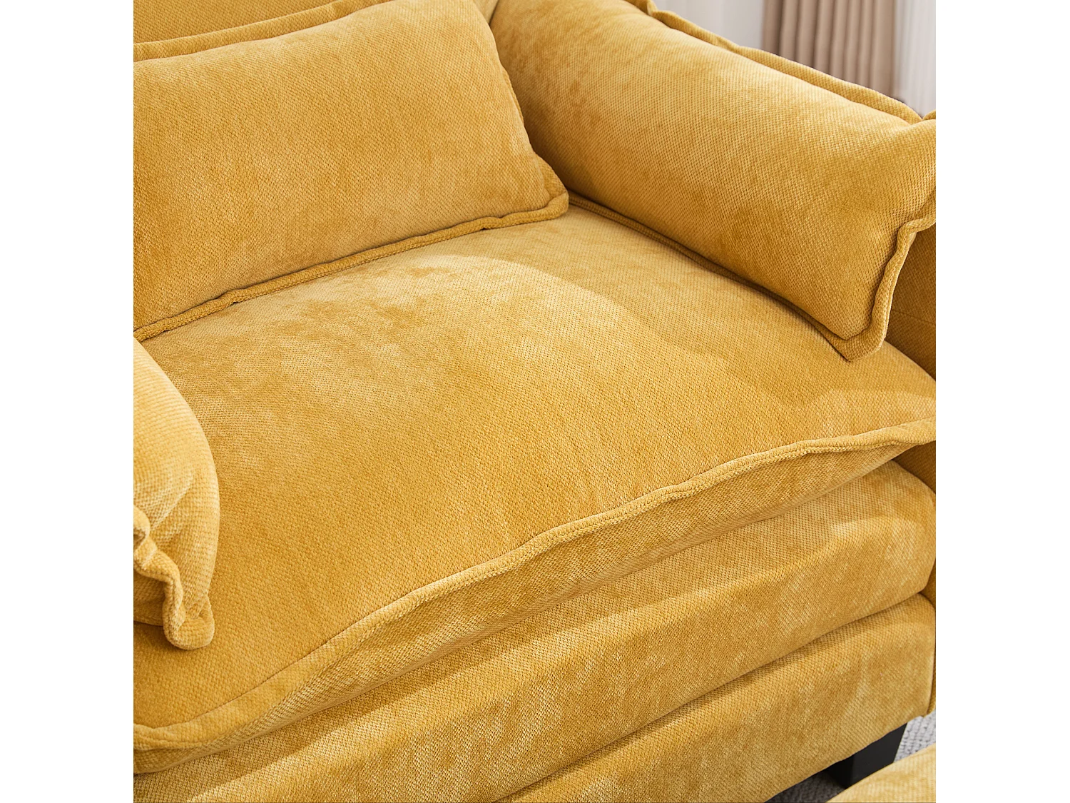 Individuele relaxfauteuil met voetenbank - Chenille loungestoel met hoge rugleuning - Geïntegreerde zijvakken