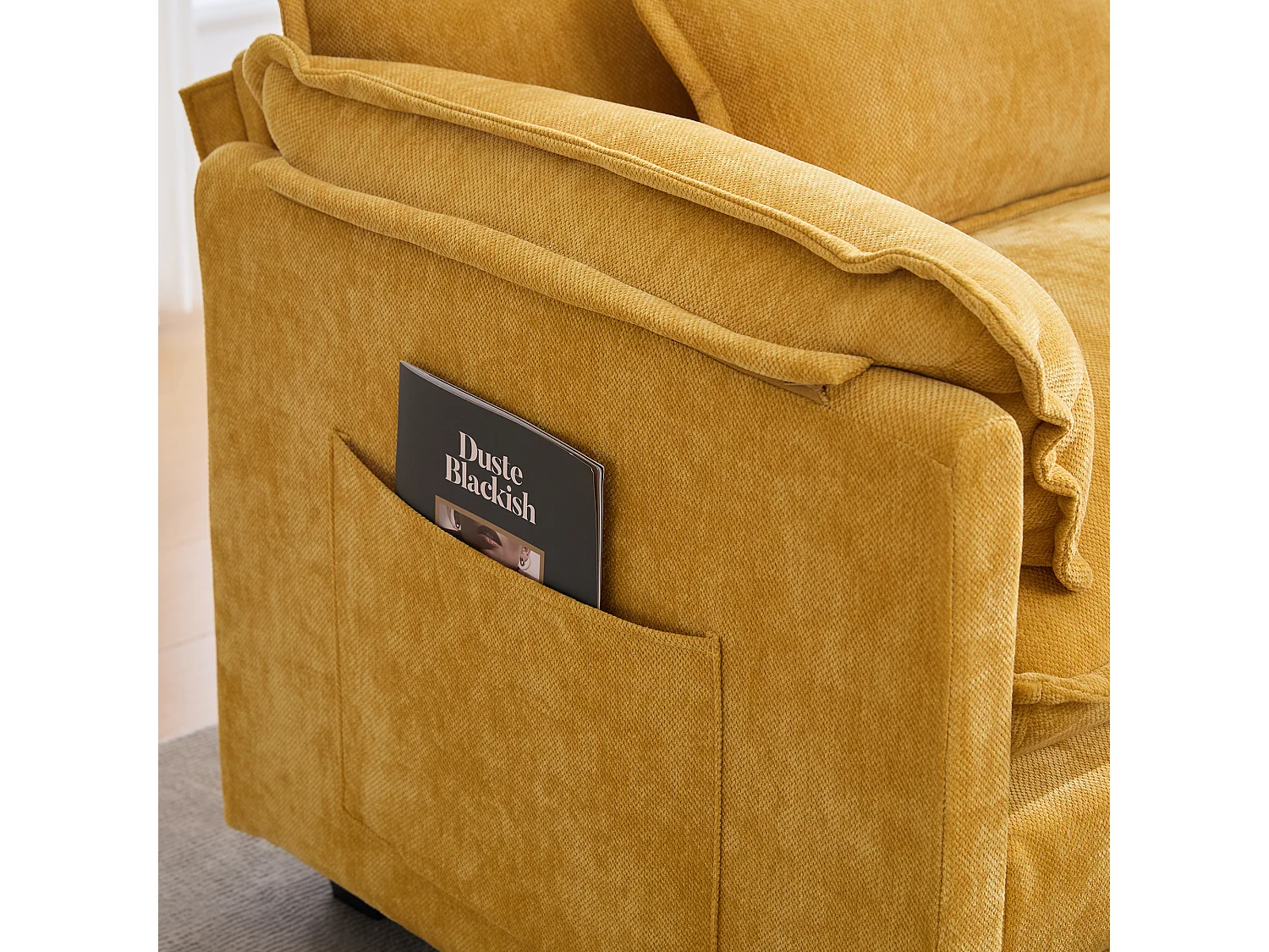 Individuele relaxfauteuil met voetenbank - Chenille loungestoel met hoge rugleuning - Geïntegreerde zijvakken