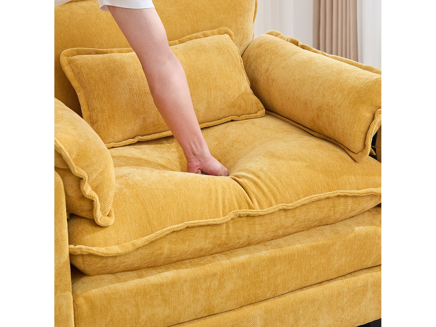 Individuele relaxfauteuil met voetenbank - Chenille loungestoel met hoge rugleuning - Geïntegreerde zijvakken