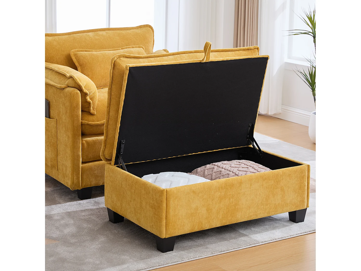 Individuele relaxfauteuil met voetenbank - Chenille loungestoel met hoge rugleuning - Geïntegreerde zijvakken