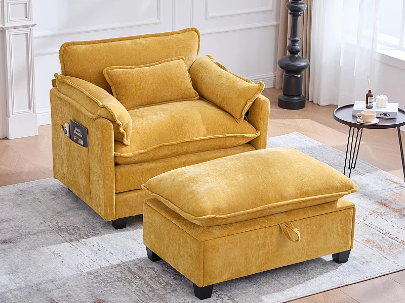 Fauteuil 1 place velours jaune ultra moelleux – double assise et coussins confortables - avec repose‑pieds escamotable avec coffre
