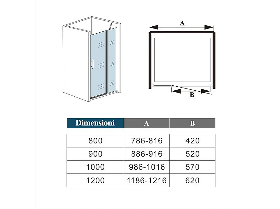 80x195 cm Porta Doccia Per Nicchia Apertura Battente Più Paretina Fissa Barra Stabilizzatrice In Vetro 6 mm Temperato Anticalcare