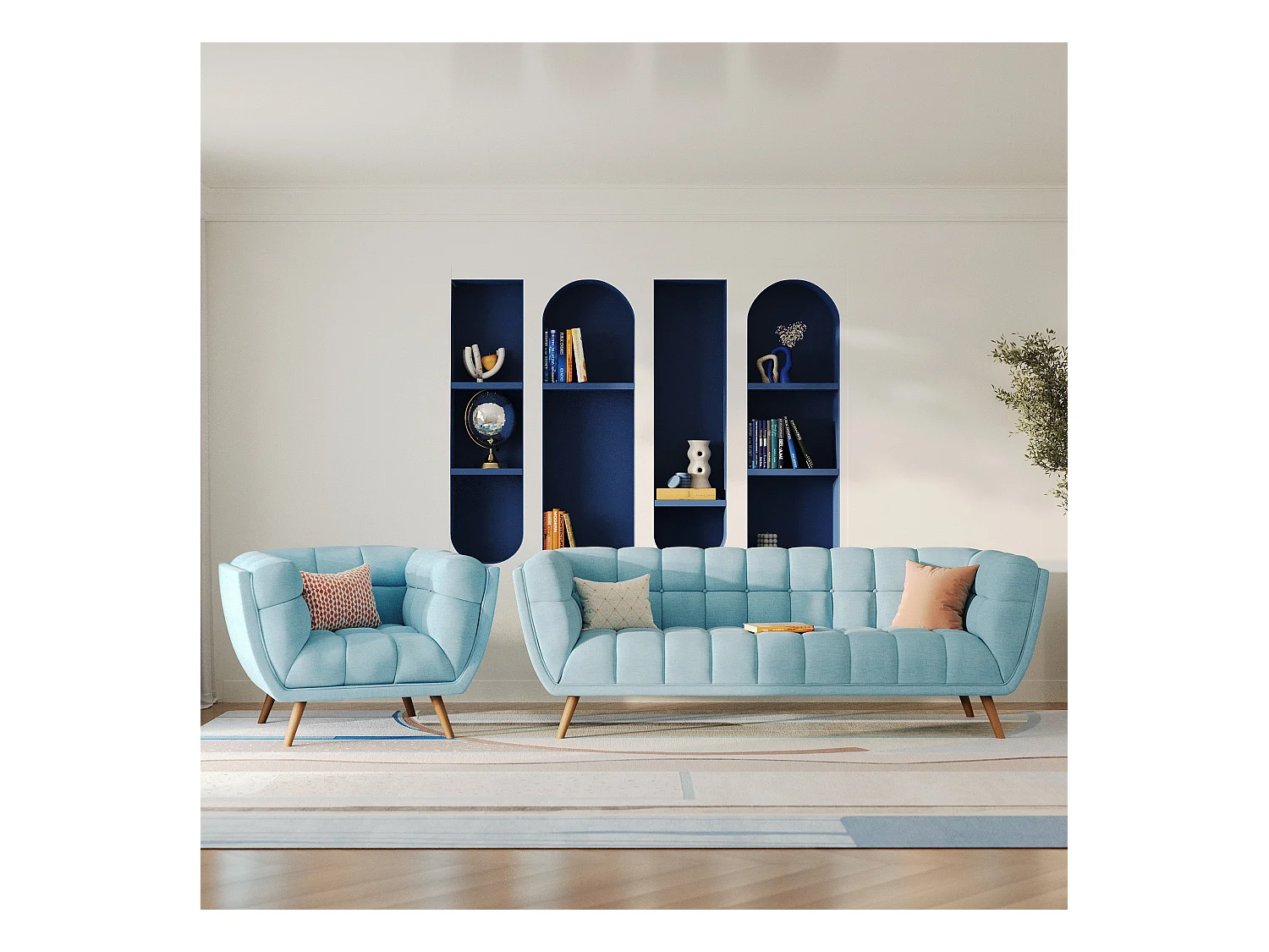 Ensemble canapé et fauteuil en tissu bleu clair 4 places - Carmen