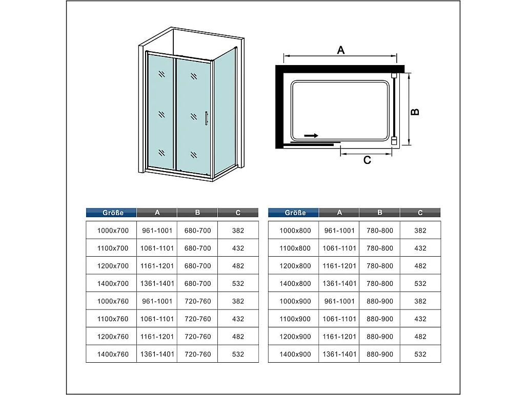 190cm 5mm ESG Sicherheitsglas Schiebetür Duschtür Duschkabine mit Seitenwand