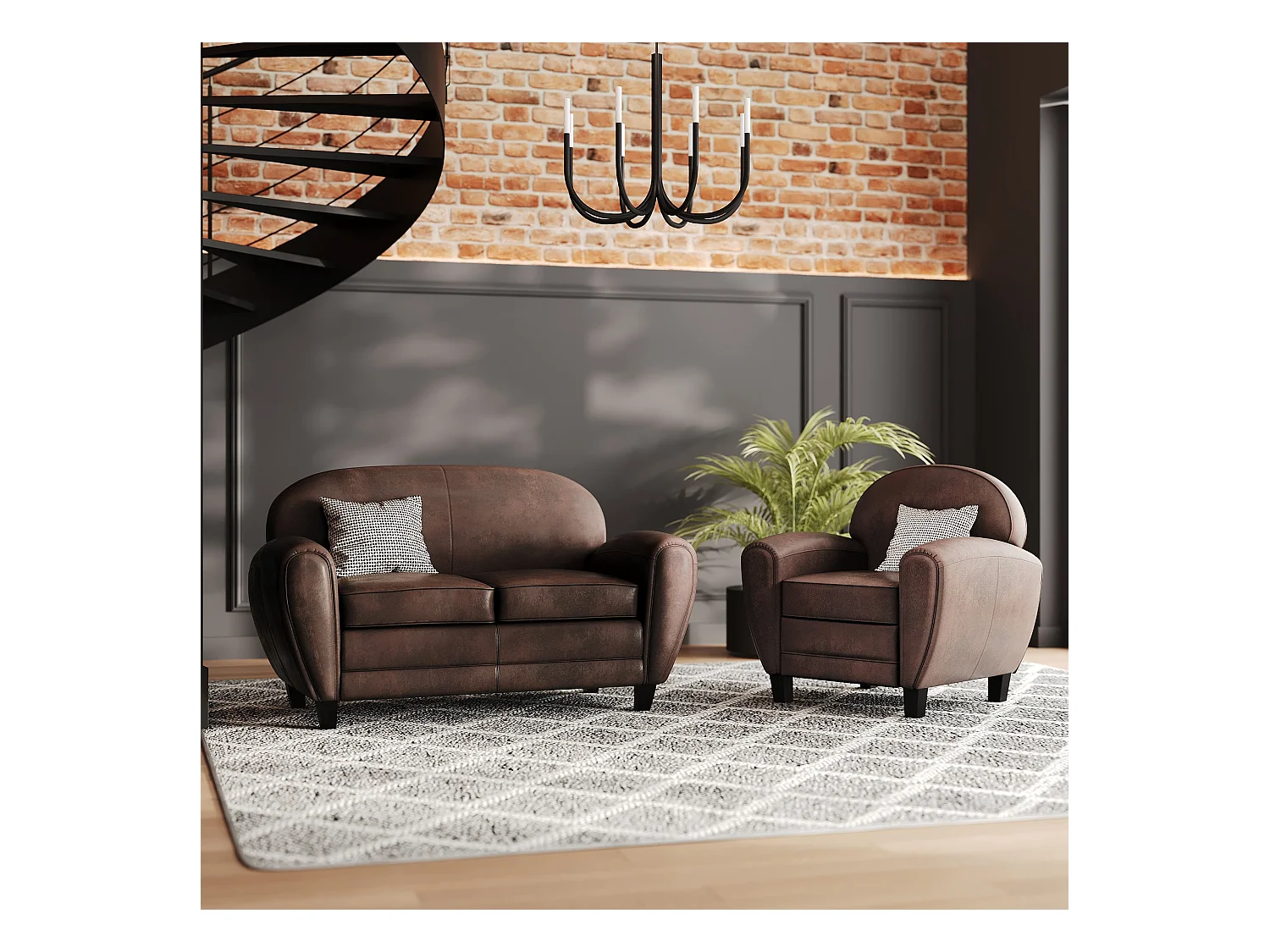 Ensemble canapé et fauteuil marron 3 places - Club - Club