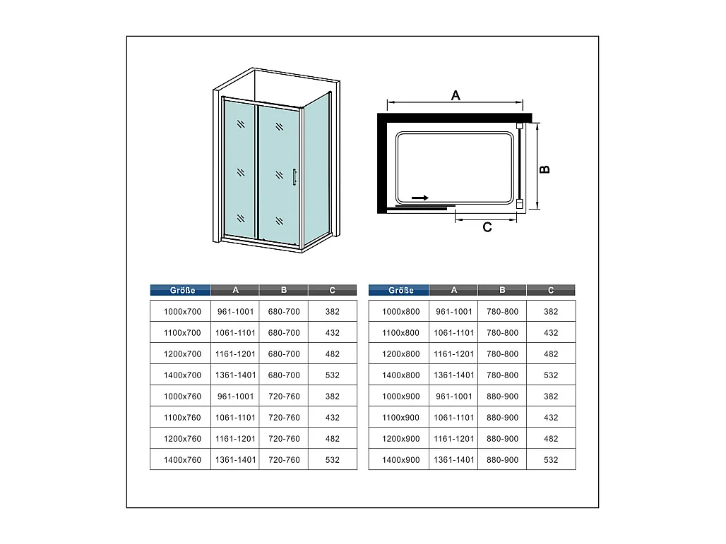 190cm 5mm ESG Sicherheitsglas Schiebetür Duschtür Duschkabine mit Seitenwand