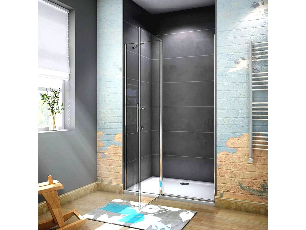 100x195 cm Porta Doccia Per Nicchia Apertura Battente Più Paretina Fissa Barra Stabilizzatrice In Vetro 6 mm Temperato Anticalcare