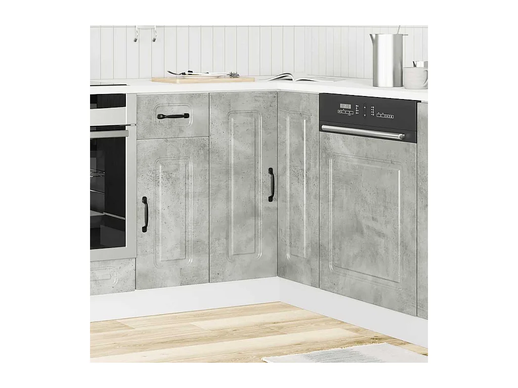 Armoire d'angle de cuisine gris béton bois d'ingénierie