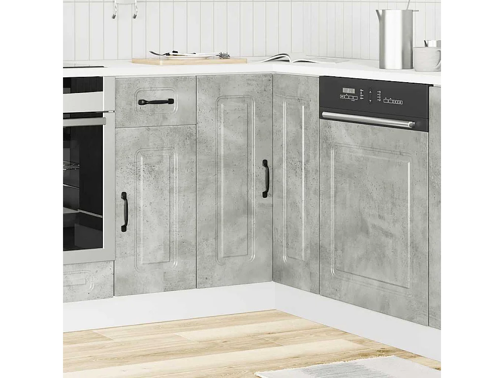 Armoire d'angle de cuisine gris béton bois d'ingénierie