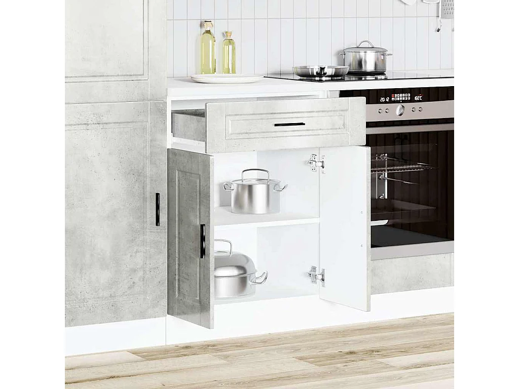 betongrijs bewerkte houten keukenkast