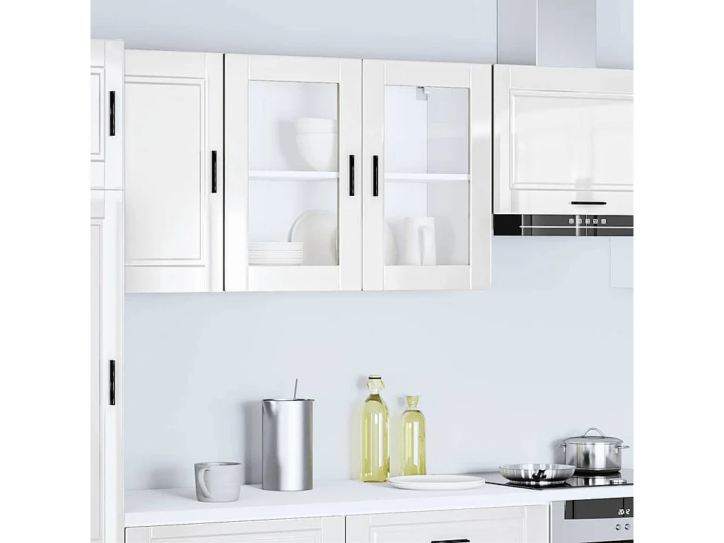 Armoire murale cuisine avec porte en verre blanc brillant