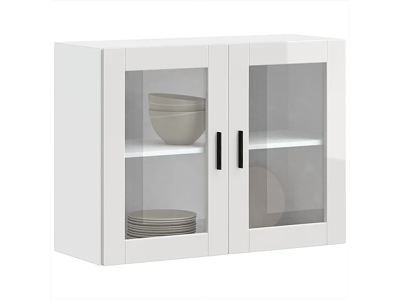 Armoire murale cuisine avec porte en verre blanc brillant