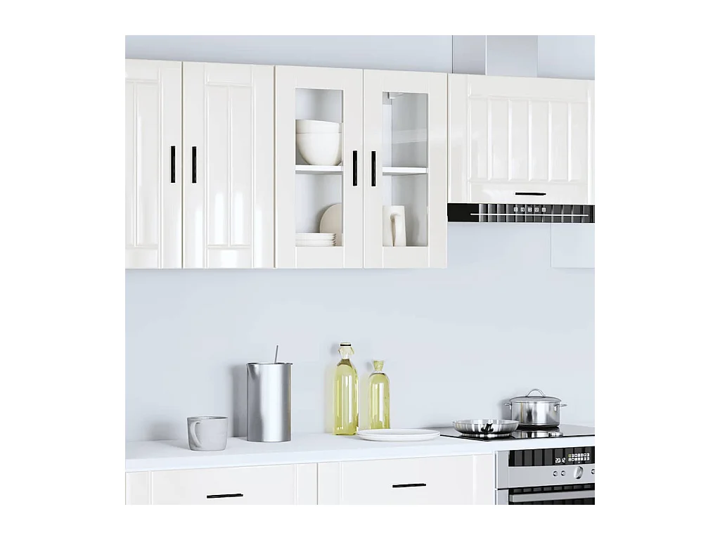 Armoire murale cuisine avec porte en verre blanc brillant