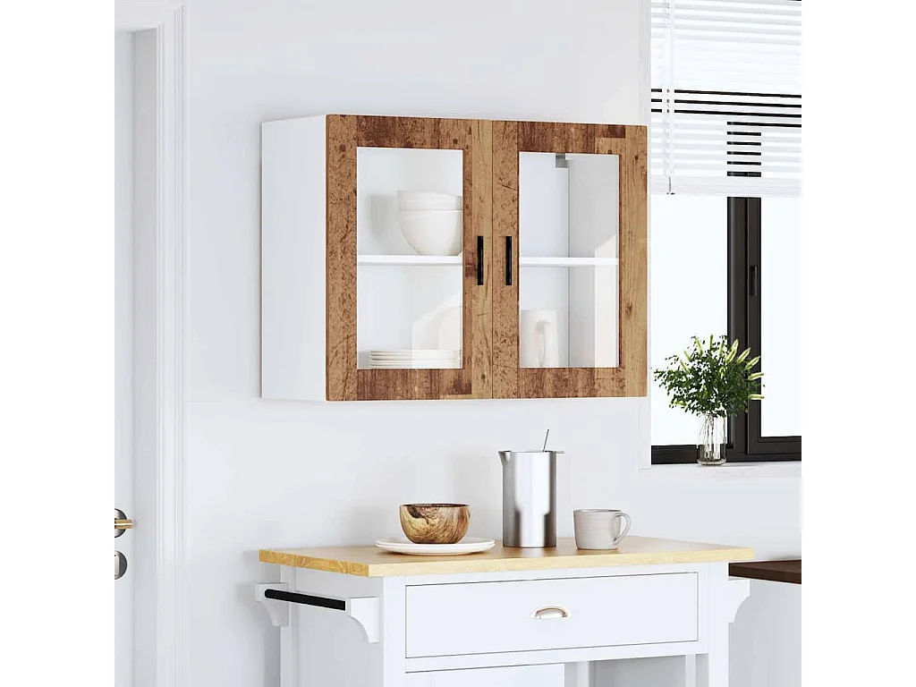 Armoire murale de cuisine avec porte en verre vieux bois