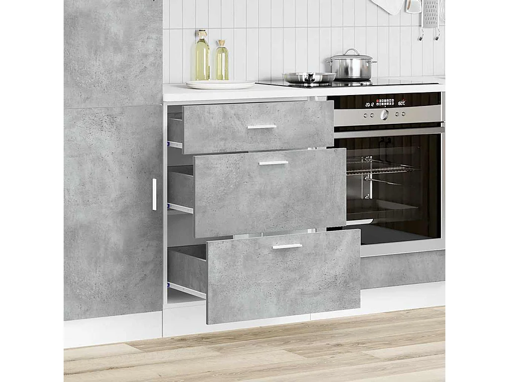 betongrijze keukenkast van bewerkt hout