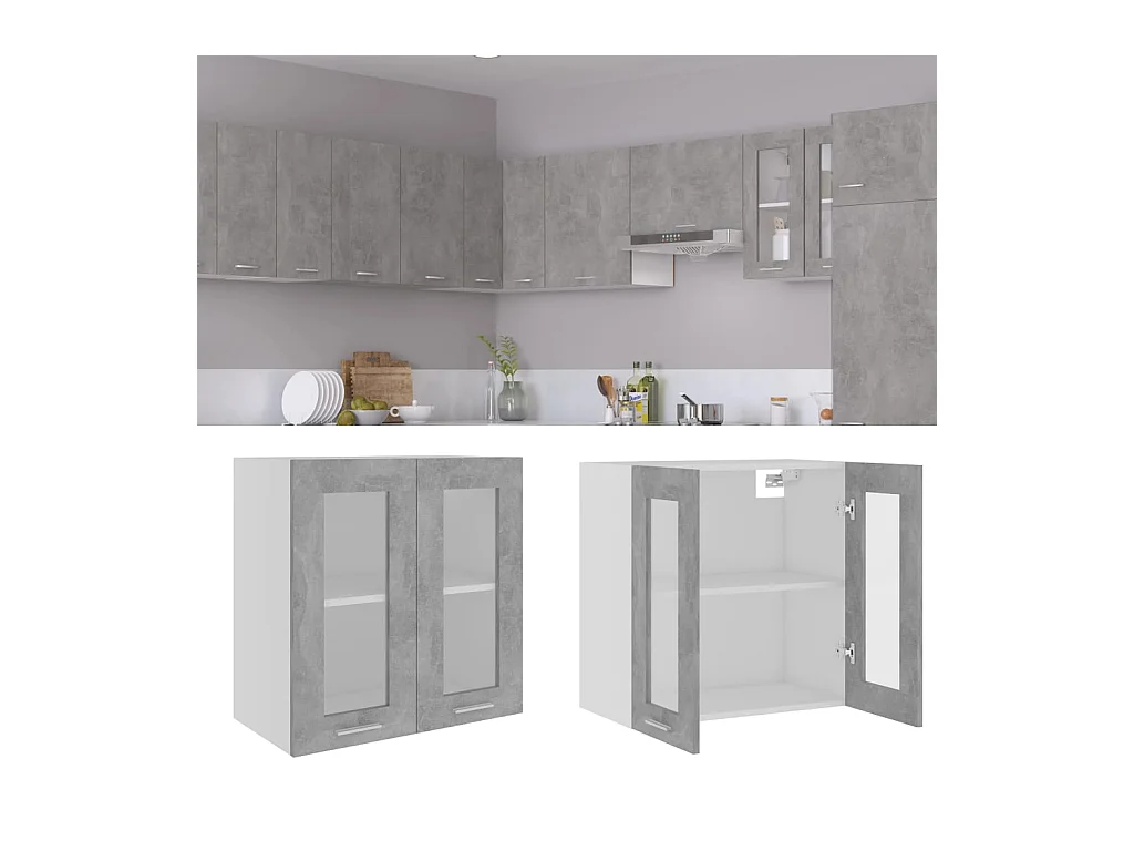 Armoire en verre suspendue Gris béton Bois d'ingénierie