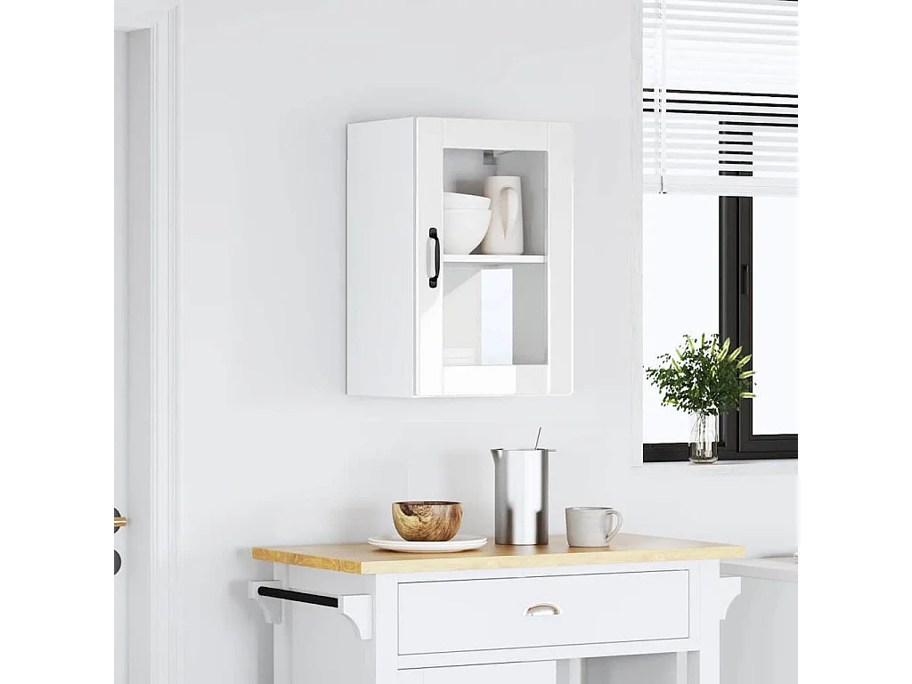 Armoire murale cuisine avec porte en verre blanc brillant