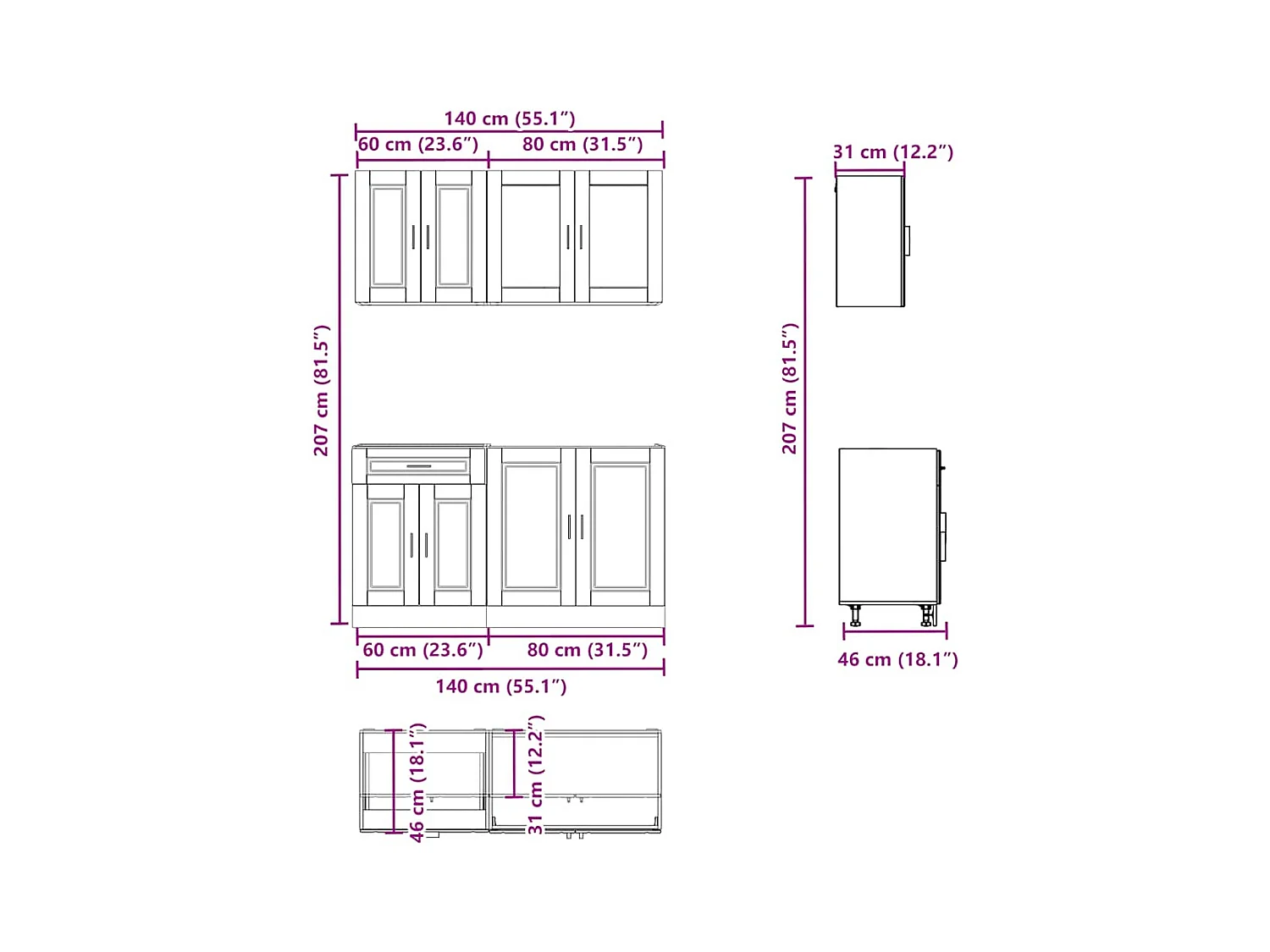Set di mobili da cucina da 4 pezzi, in legno ingegnerizzato bianco