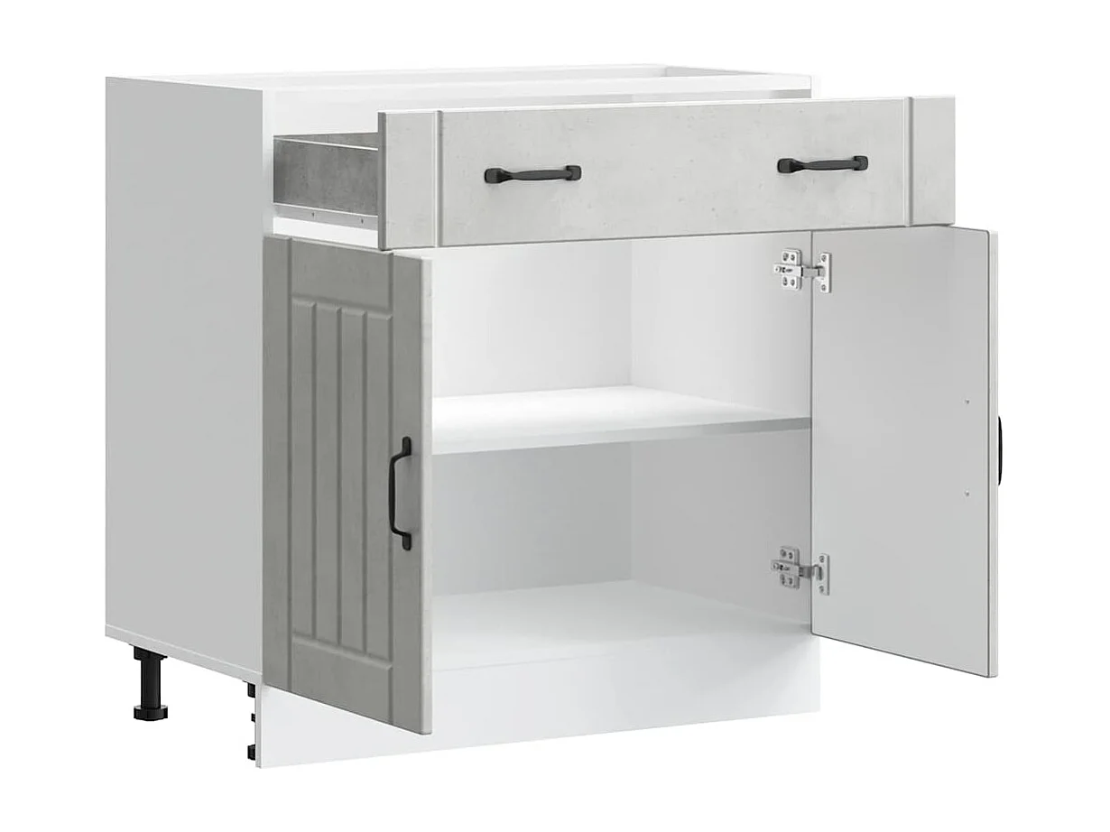 betongrijze keukenkast van bewerkt hout